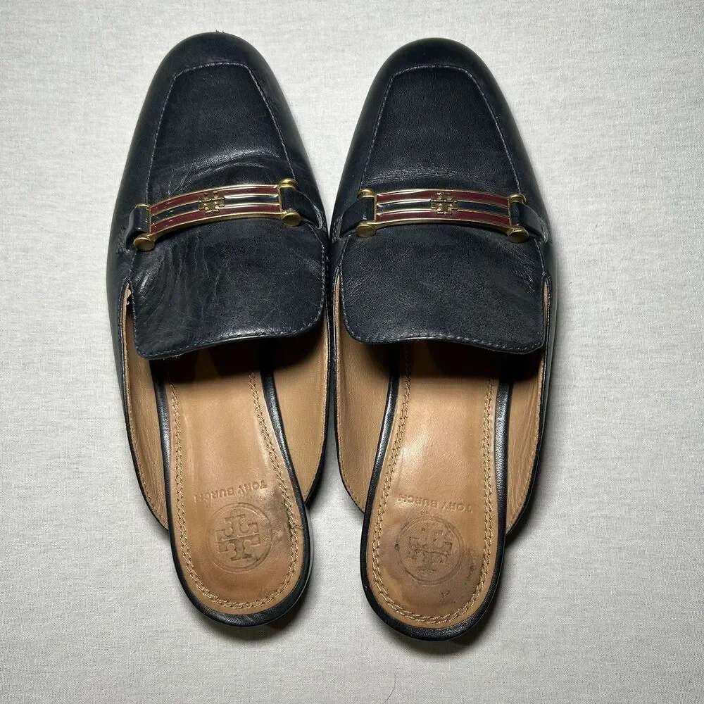 Tory Burch Amelia mule loafers black leather enamel hardware 6.5, preppy, work